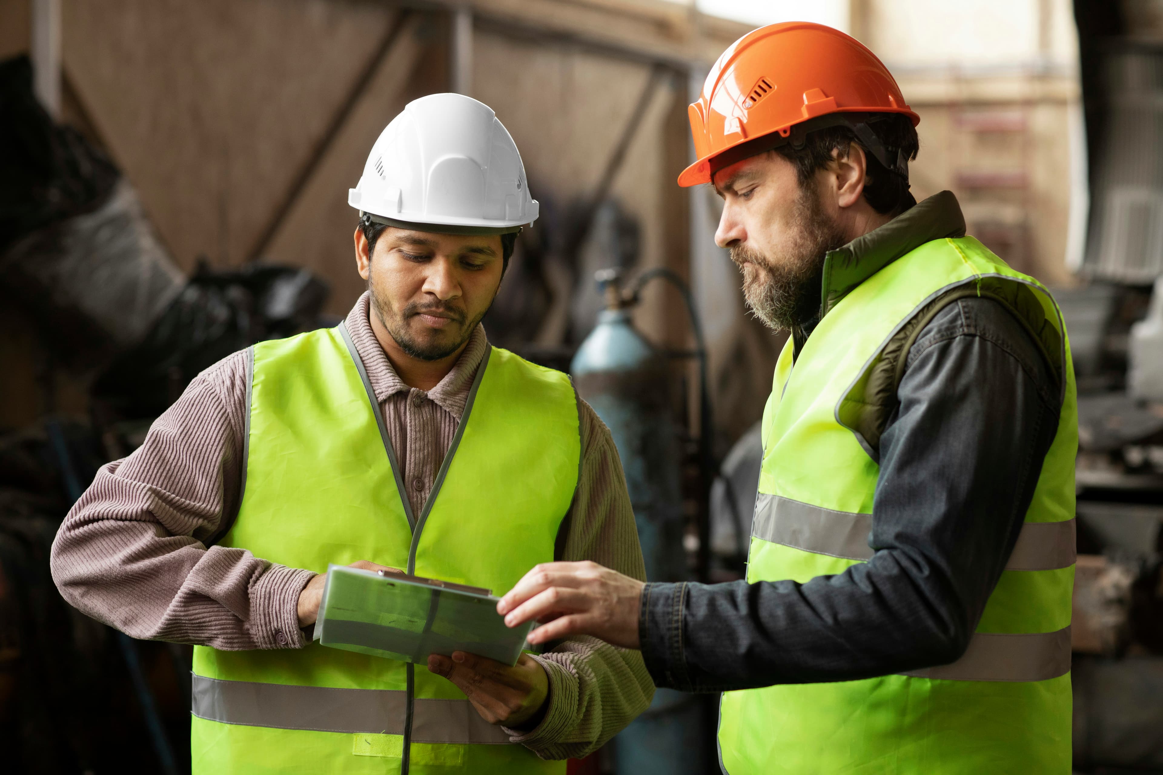 Twee monteurs in een industriële werkplaats die samen een tablet bekijken en overleggen